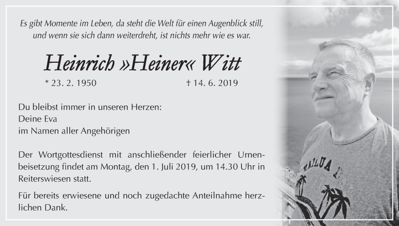  Traueranzeige für Heinrich Witt vom 29.06.2019 aus MGO