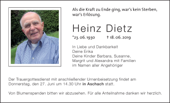 Anzeige von Heinz Dietz von MGO