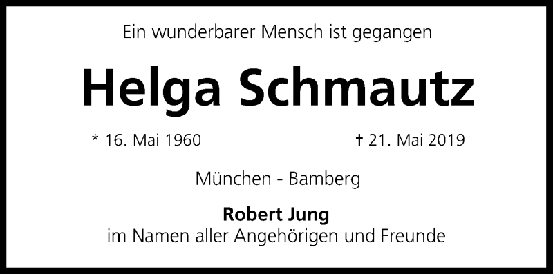 Traueranzeige für Helga Schmautz vom 01.06.2019 aus MGO