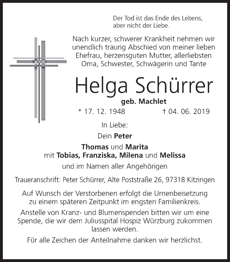  Traueranzeige für Helga Schürrer vom 08.06.2019 aus MGO