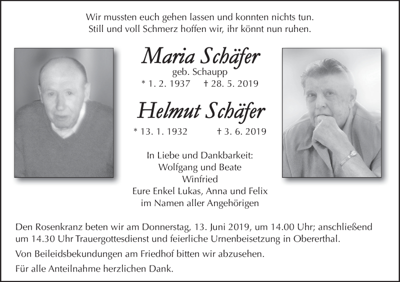  Traueranzeige für Helmut Schäfer vom 08.06.2019 aus MGO