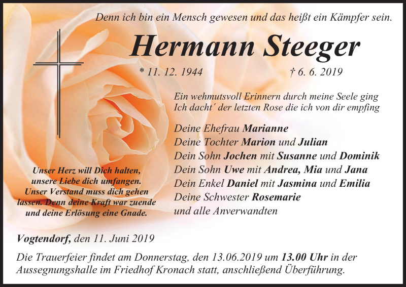  Traueranzeige für Hermann Steeger vom 11.06.2019 aus MGO
