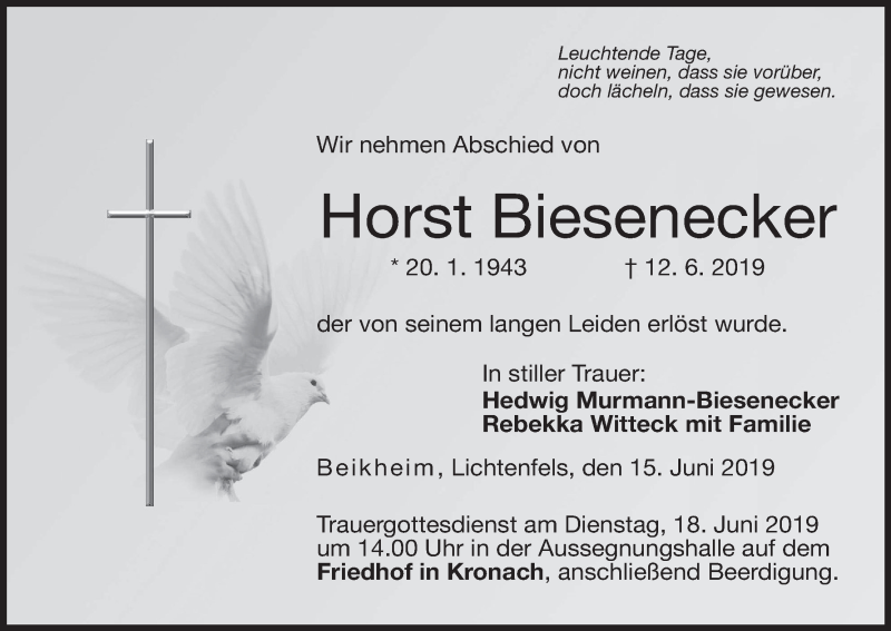  Traueranzeige für Horst Biesenecker vom 15.06.2019 aus MGO