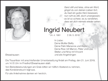 Anzeige von Ingrid Neubert von MGO