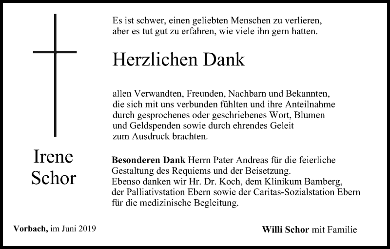  Traueranzeige für Irene Schor vom 15.06.2019 aus MGO