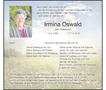 Anzeige von Irmina Oswald von MGO