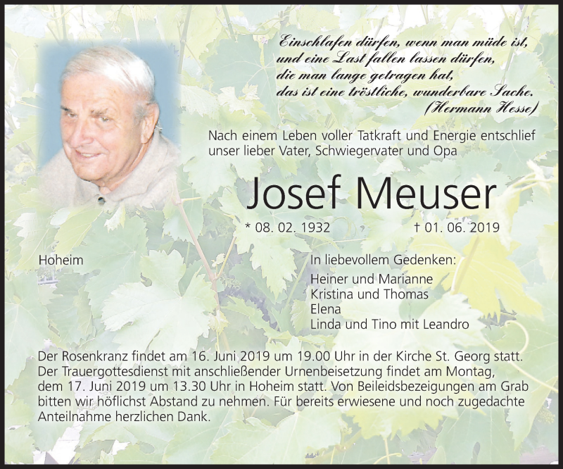  Traueranzeige für Josef Meuser vom 13.06.2019 aus MGO