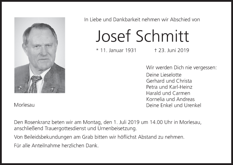  Traueranzeige für Josef Schmitt vom 28.06.2019 aus MGO