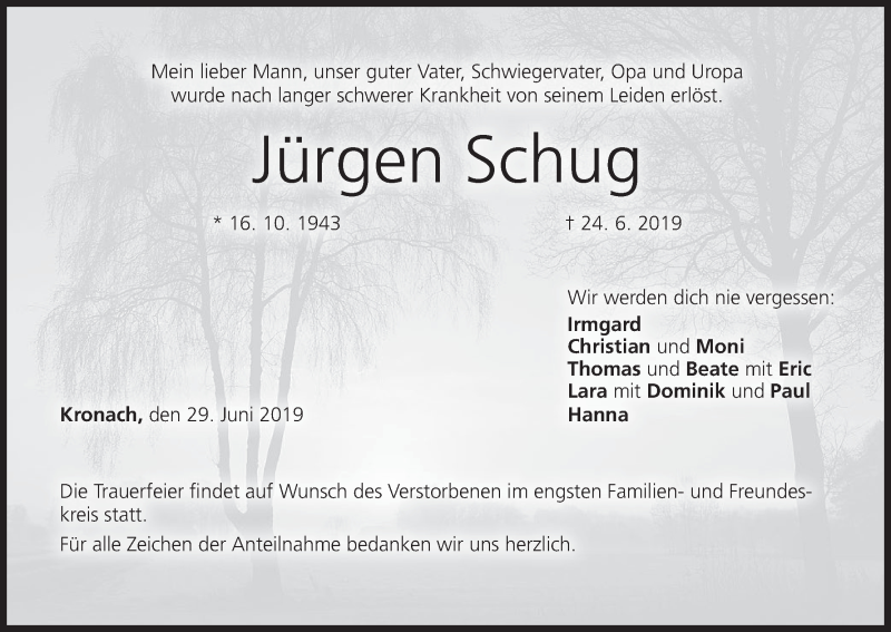  Traueranzeige für Jürgen Schug vom 29.06.2019 aus MGO