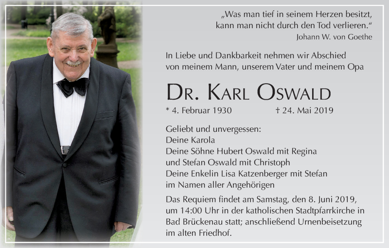  Traueranzeige für Karl Oswald vom 01.06.2019 aus MGO