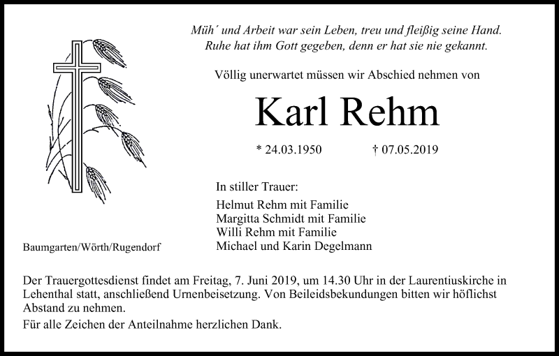  Traueranzeige für Karl Rehm vom 05.06.2019 aus MGO