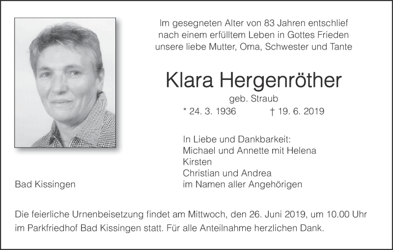  Traueranzeige für Klara Hergenröther vom 22.06.2019 aus MGO