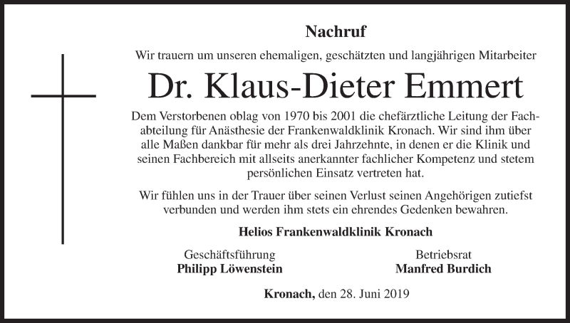  Traueranzeige für Klaus-Dieter Emmert vom 29.06.2019 aus MGO