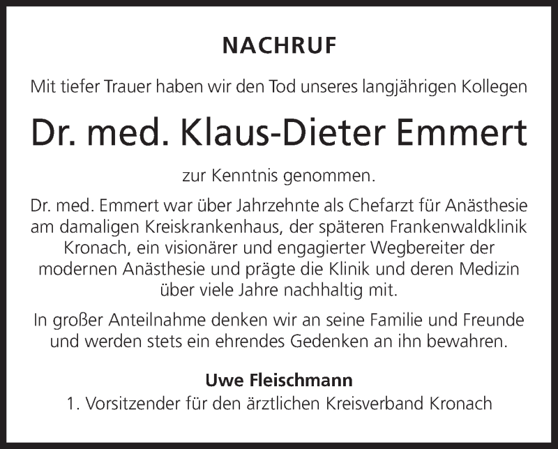  Traueranzeige für Klaus-Dieter Emmert vom 29.06.2019 aus MGO