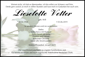 Anzeige von Lieselotte Vetter von MGO