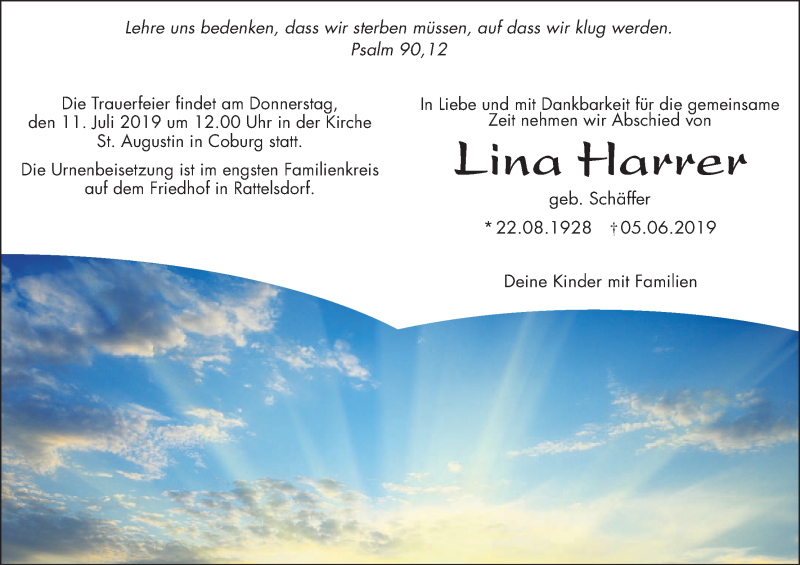 Traueranzeige für Lina Harrer vom 22.06.2019 aus MGO