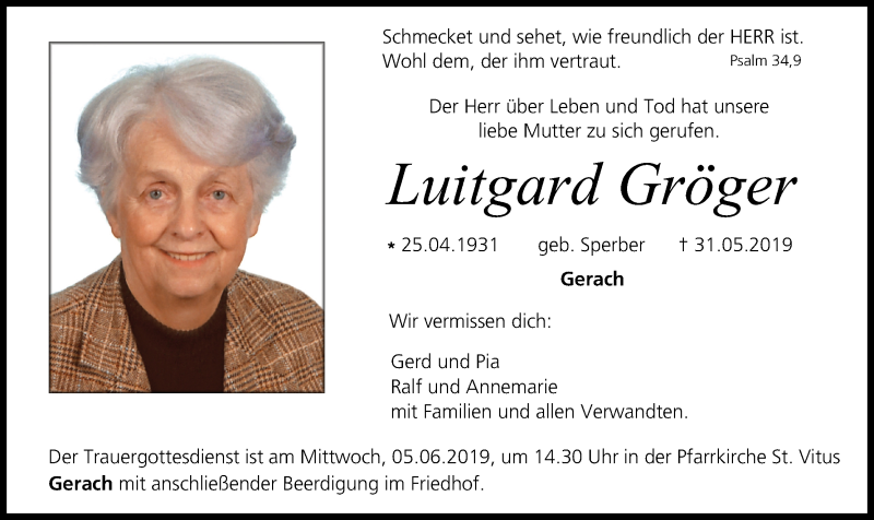  Traueranzeige für Luitgard Gröger vom 03.06.2019 aus MGO