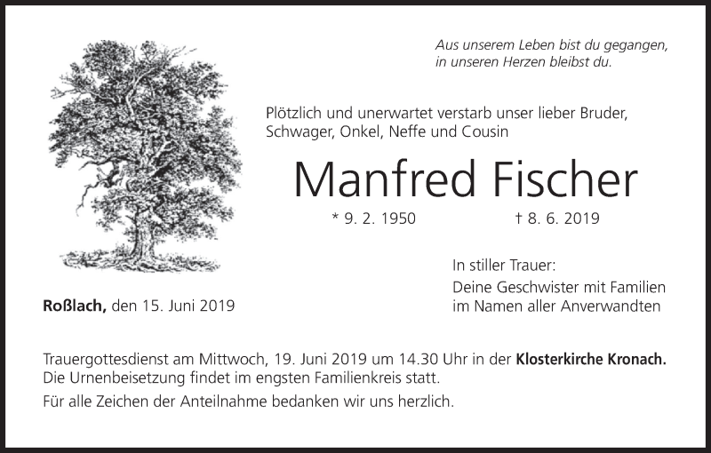  Traueranzeige für Manfred Fischer vom 15.06.2019 aus MGO