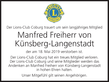 Anzeige von Manfred Freiherr von Künsberg-Langenstadt von MGO