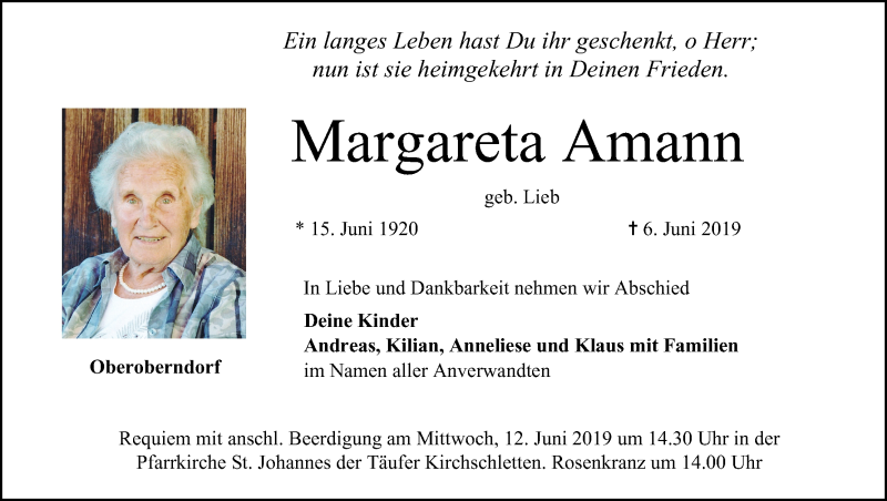  Traueranzeige für Margareta Amann vom 08.06.2019 aus MGO