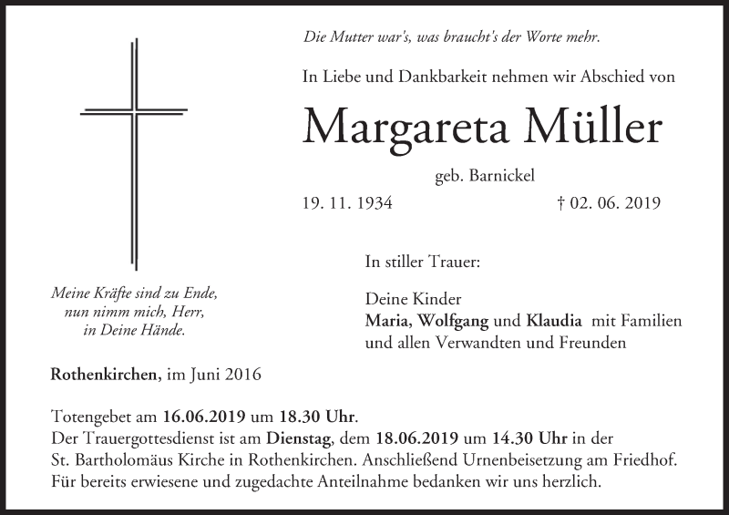  Traueranzeige für Margareta Müller vom 14.06.2019 aus MGO