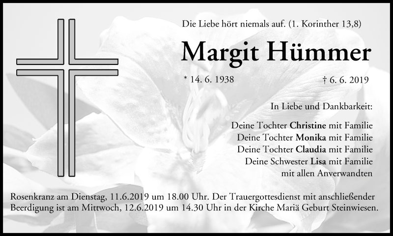  Traueranzeige für Margit Hümmer vom 08.06.2019 aus MGO