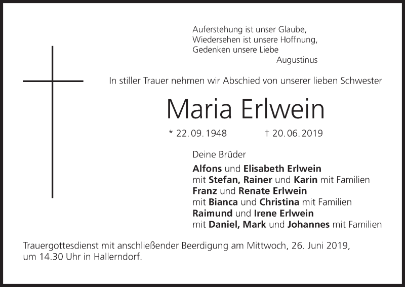  Traueranzeige für Maria Erlwein vom 25.06.2019 aus MGO