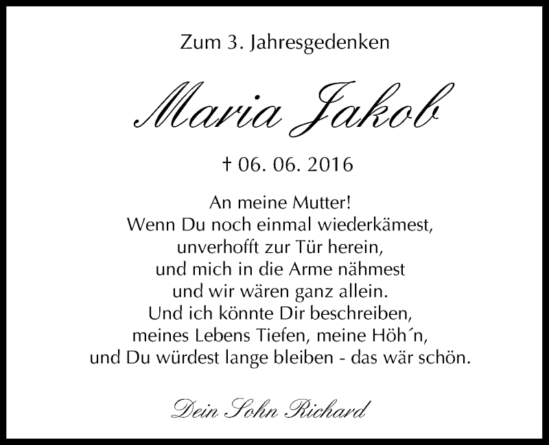  Traueranzeige für Maria Jakob vom 06.06.2019 aus MGO