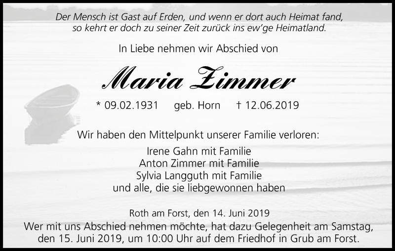  Traueranzeige für Maria Zimmer vom 14.06.2019 aus MGO
