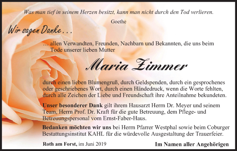  Traueranzeige für Maria Zimmer vom 29.06.2019 aus MGO