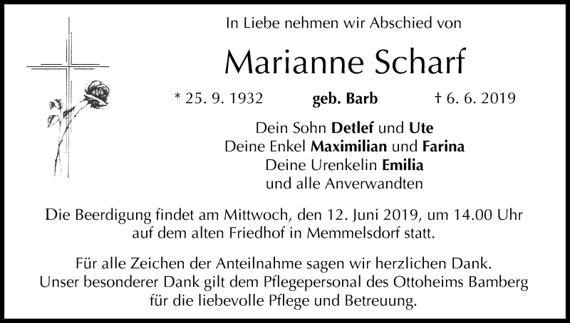  Traueranzeige für Marianne Scharf vom 08.06.2019 aus MGO