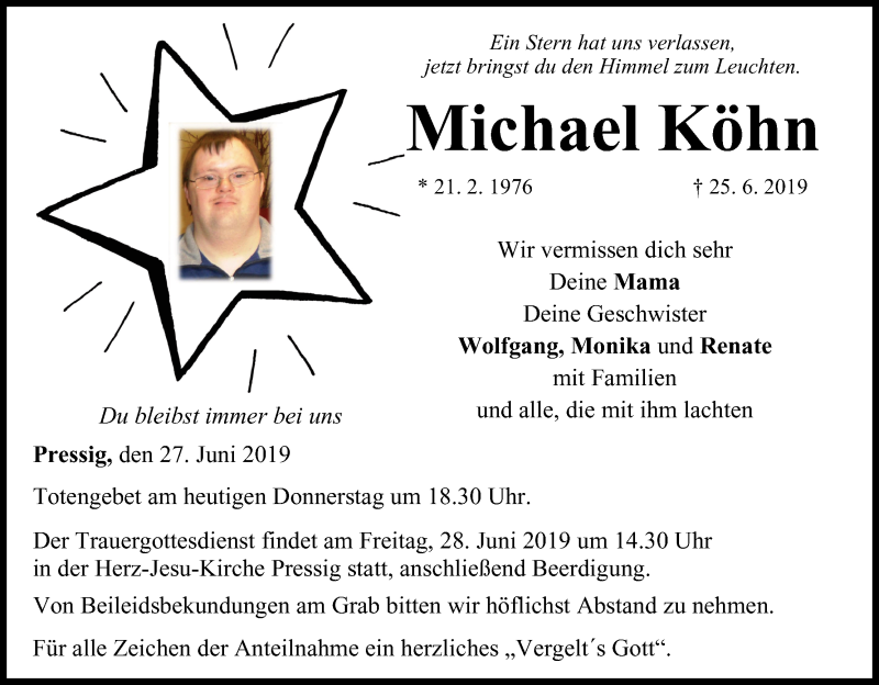  Traueranzeige für Michael Köhn vom 27.06.2019 aus MGO