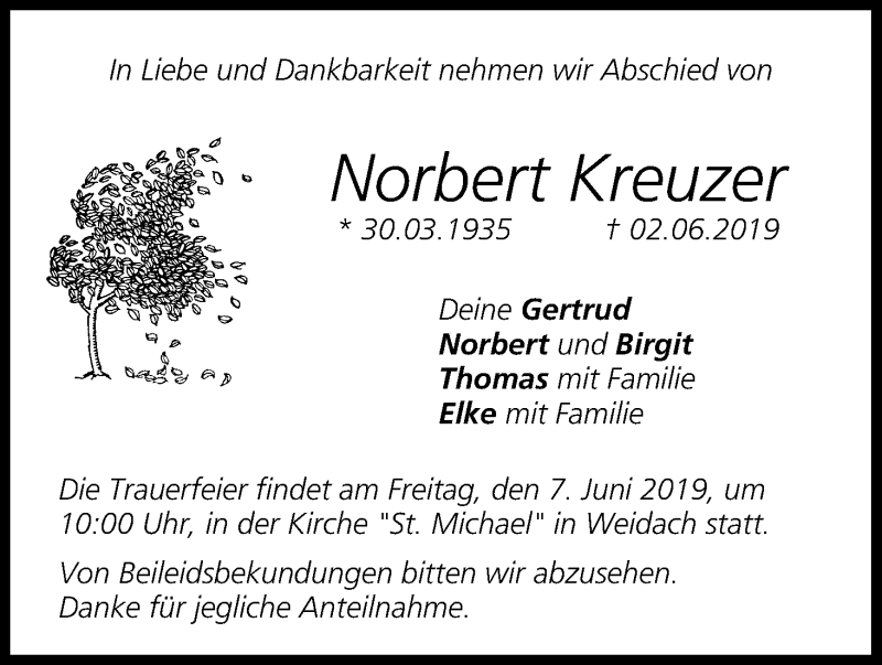  Traueranzeige für Norbert Kreuzer vom 05.06.2019 aus MGO