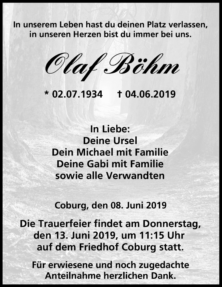  Traueranzeige für Olaf Böhm vom 08.06.2019 aus MGO