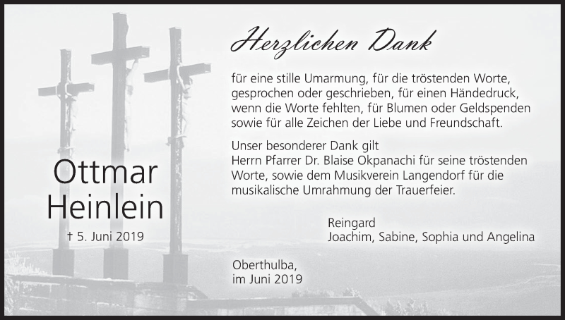  Traueranzeige für Ottmar Heinlein vom 22.06.2019 aus MGO