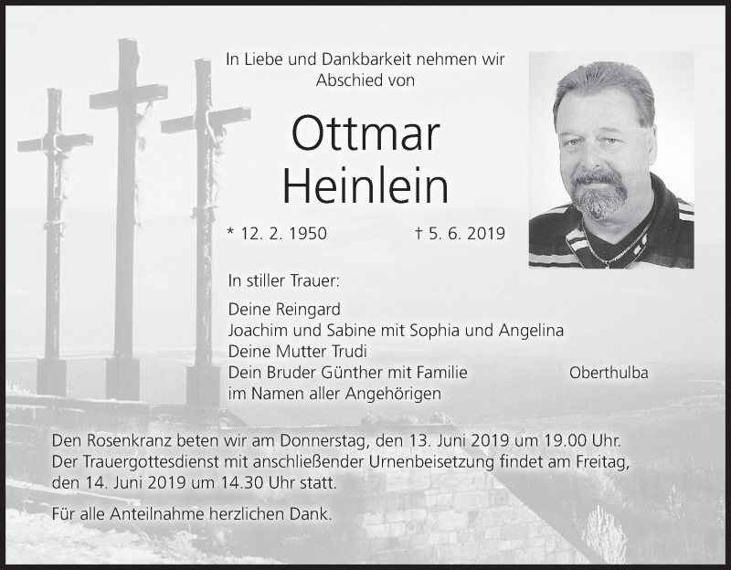  Traueranzeige für Ottmar Heinlein vom 08.06.2019 aus MGO