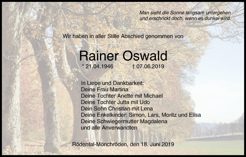  Traueranzeige für Rainer Oswald vom 18.06.2019 aus MGO