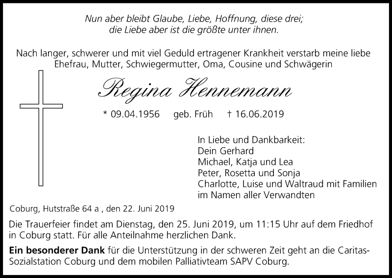  Traueranzeige für Regina Hennemann vom 22.06.2019 aus MGO