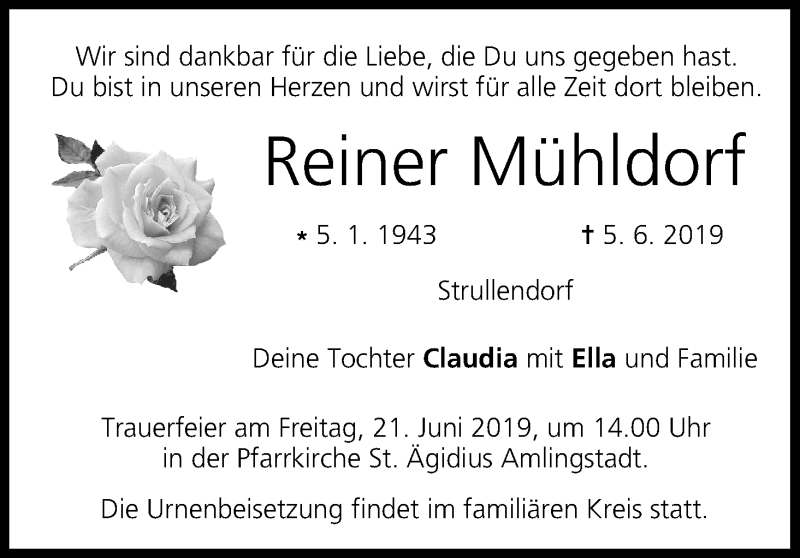  Traueranzeige für Reiner Mühldorf vom 15.06.2019 aus MGO