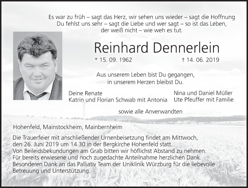  Traueranzeige für Reinhard Dennerlein vom 22.06.2019 aus MGO
