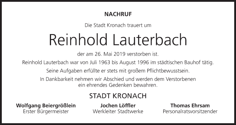  Traueranzeige für Reinhold Lauterbach vom 01.06.2019 aus MGO