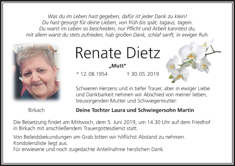  Traueranzeige für Renate Dietz vom 03.06.2019 aus MGO