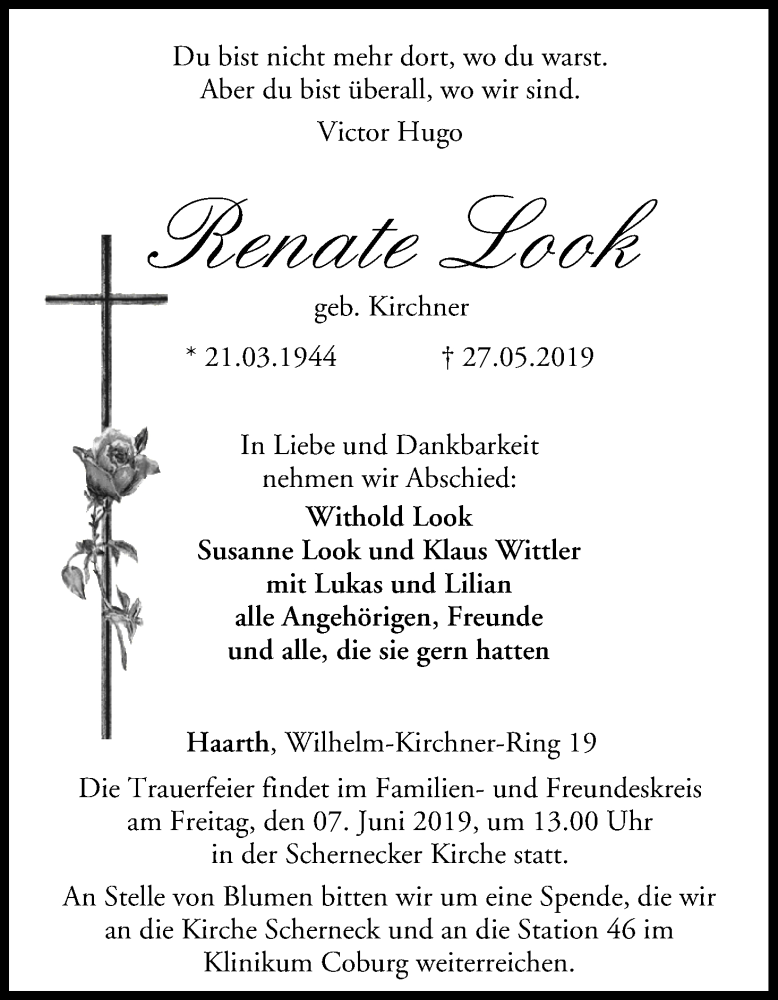 Traueranzeige für Renate Look vom 05.06.2019 aus MGO