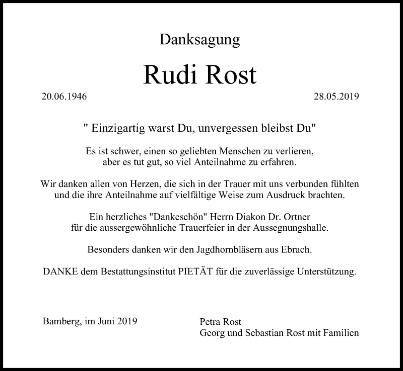  Traueranzeige für Rudi Rost vom 29.06.2019 aus MGO
