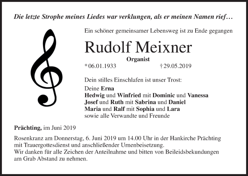 Traueranzeige für Rudolf Meixner vom 04.06.2019 aus MGO