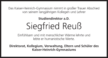 Anzeige von Siegfried Reuß von MGO