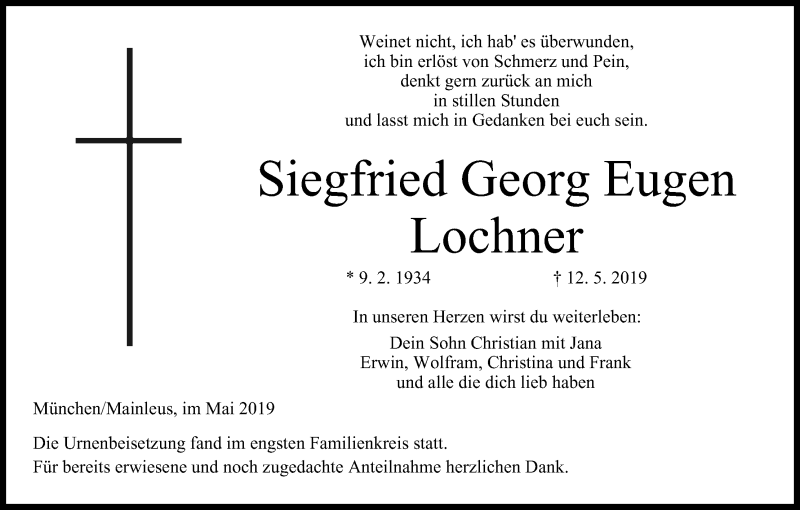  Traueranzeige für Siegfried Georg Eugen Lochner vom 01.06.2019 aus MGO