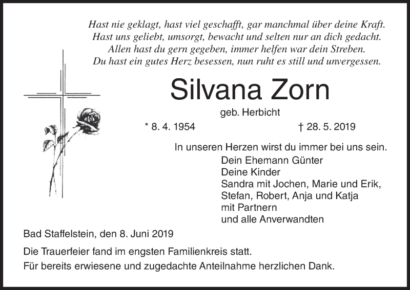  Traueranzeige für Silvana Zorn vom 08.06.2019 aus MGO