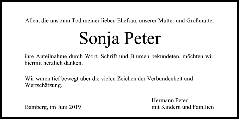  Traueranzeige für Sonja Peter vom 22.06.2019 aus MGO