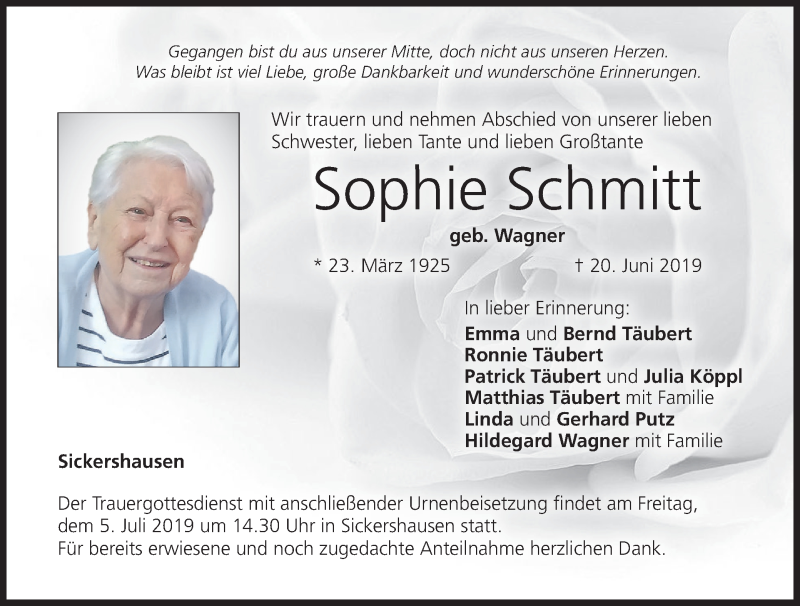  Traueranzeige für Sophie Schmitt vom 29.06.2019 aus MGO